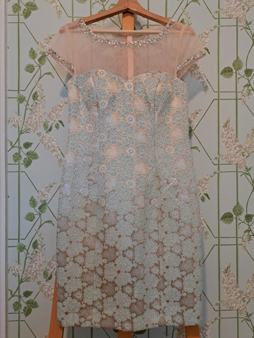 Embellished Floral Brocade Cocktail Dress, Pale Blue & Gold With Peach Mesh Yoke